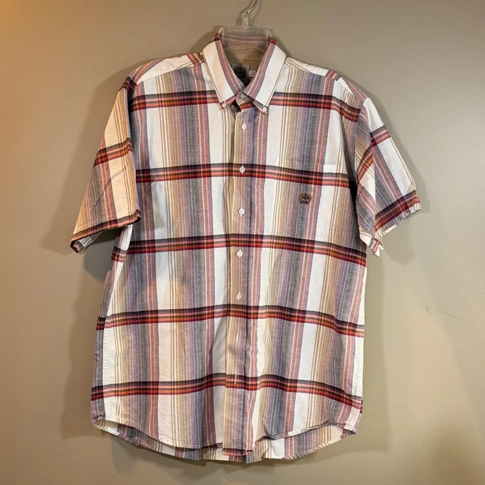 Cinch Button‎ Down Mens M Purple Tan Plaid Short Sleeve Western Casual Cowboy